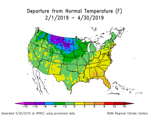 Figure 11. Departure from normal temperature (F) (February-April) - High Plains Regional Climate Center.