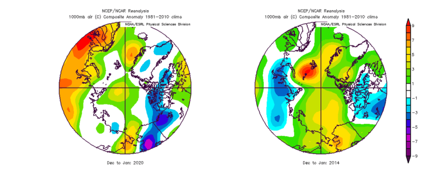 Temperature anomalies are shown for the Arctic region for the December/January time periods from this winter season of 2019-2020 (left) and 2013-2014 (right). Overall temperatures were relatively close-to-normal this past December and January (white represents normal), but averaged above-normal (yellow, green, red) during the same two months in the winter of 2013-2014 when the polar vortex was occasionally displaced to lower latitudes or broken up into multiple pieces. Maps courtesy NOAA/NCEP, NCAR reanalysis